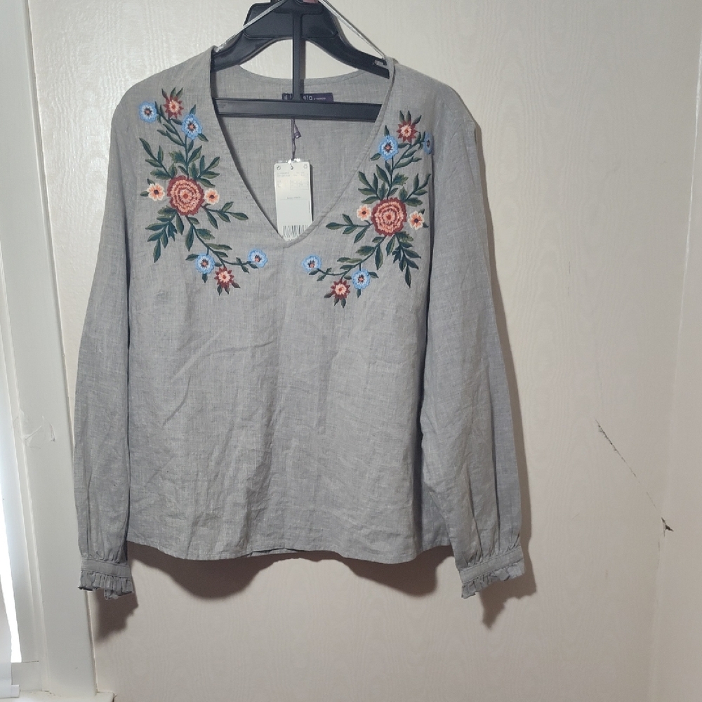 Mango Floral Embroidered Gray Blouse